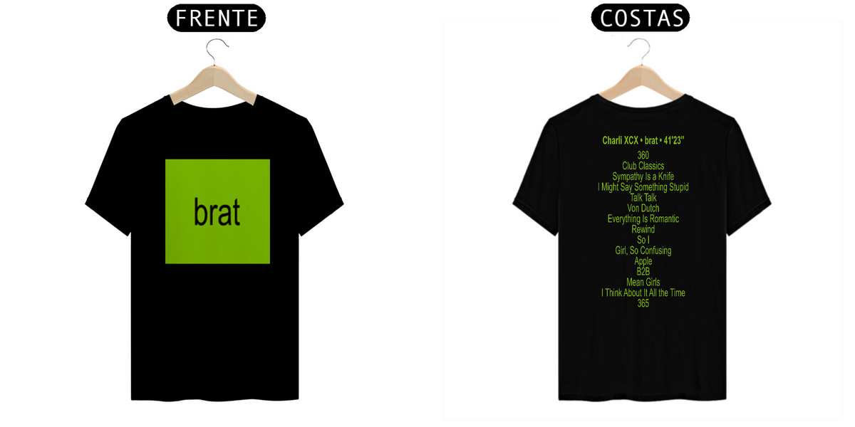 Nome do produto: Camiseta Frente e Costas Charli XCX - Brat + Tracklist