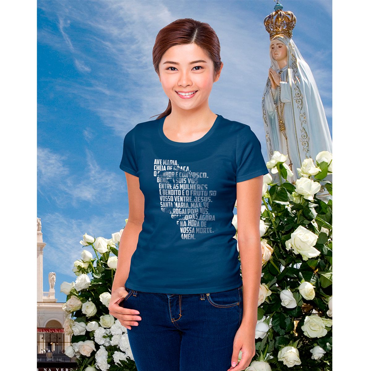 Nome do produto: Camiseta Feminina Nossa Senhora de Fátima com Ave Maria