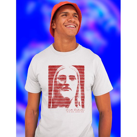 Camiseta Masculina Cristo Redentor vermelho e preto
