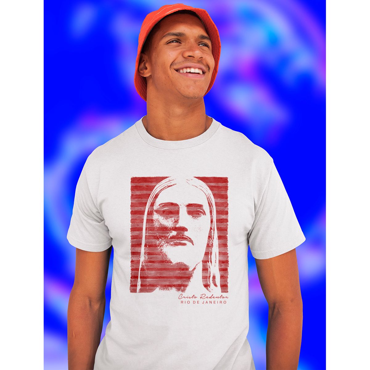 Nome do produto: Camiseta Masculina Cristo Redentor vermelho e preto