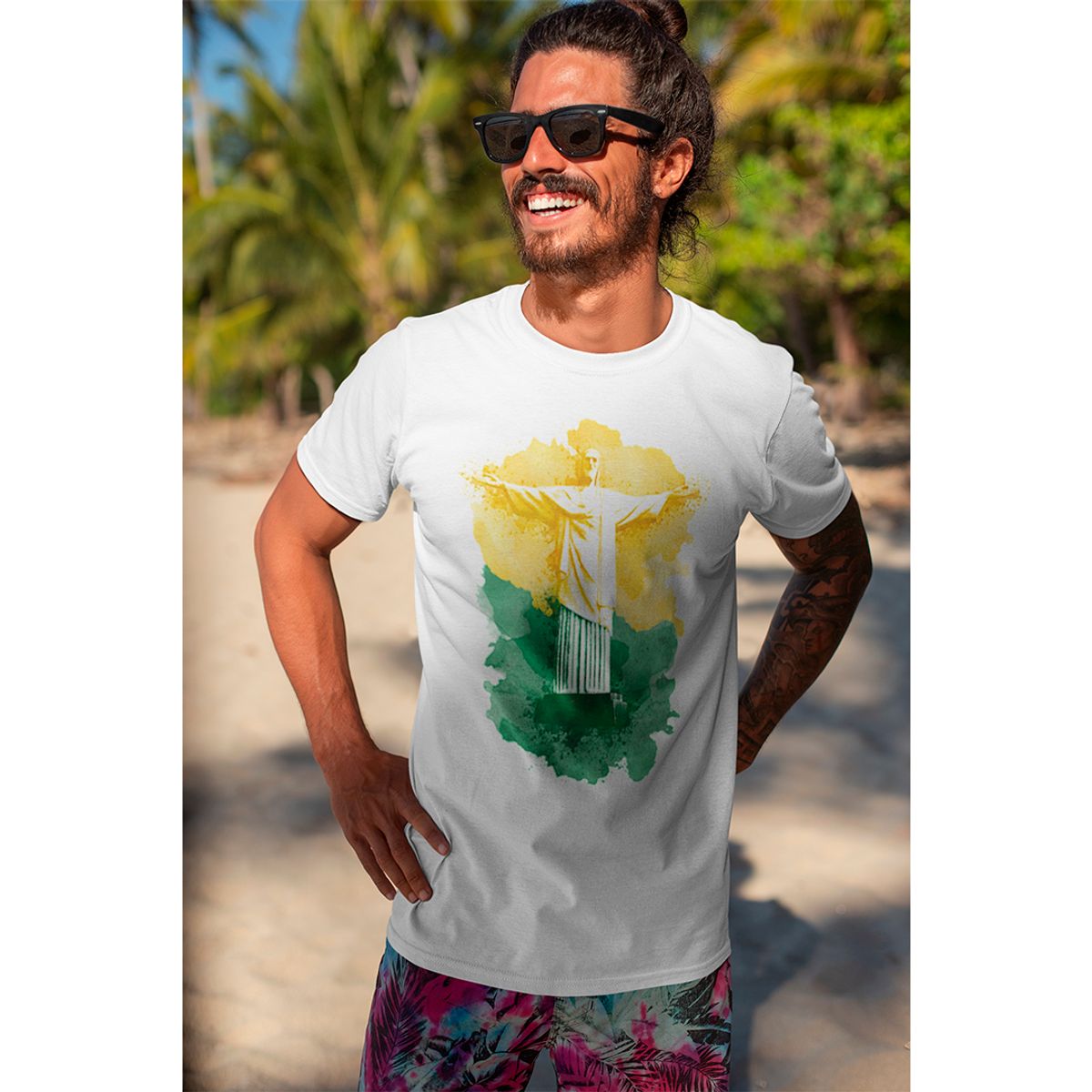 Nome do produto: Camiseta Masculina Cristo Redentor Aquarela