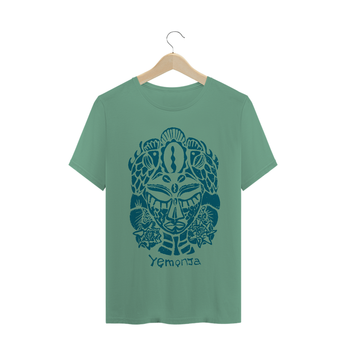 Nome do produto: Camiseta Malha Estonada Verde - Estampa Yemanja