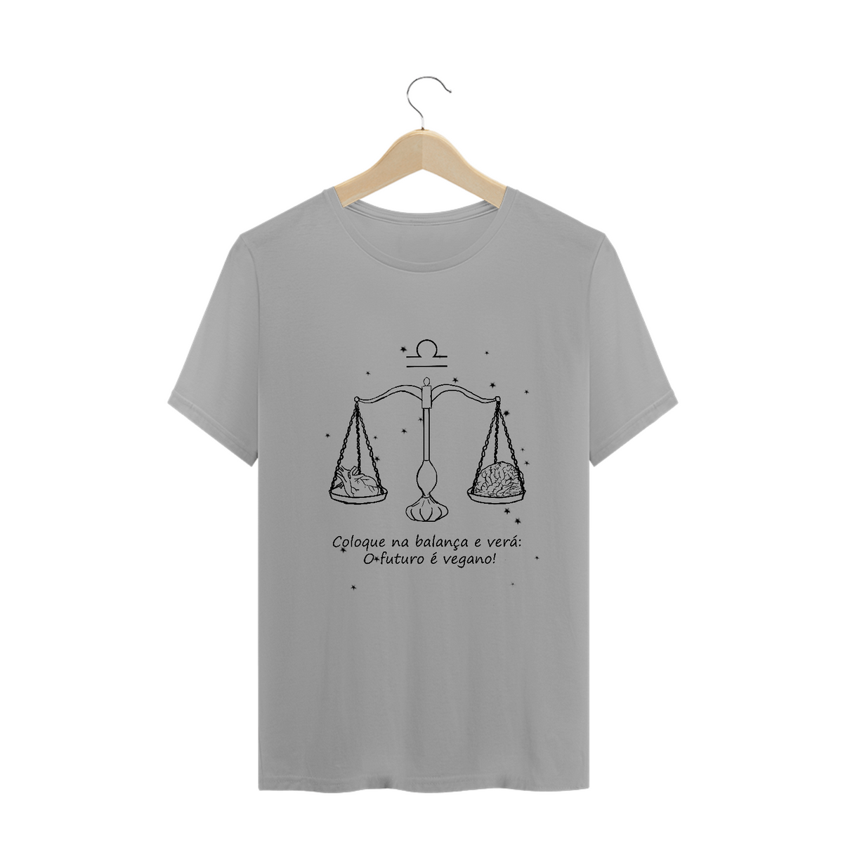 Nome do produto: Camiseta Unissex | Libra | Coloque na balança e verá: O futuro é vegano! | P&B