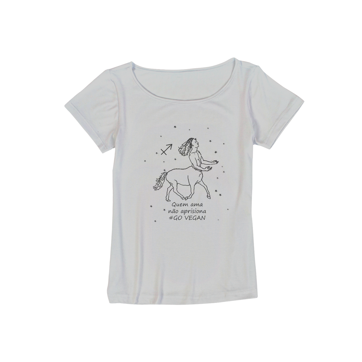 Nome do produto: Camiseta Viscolycra | Sagitário | Quem ama não aprisiona #govegan | P&B 