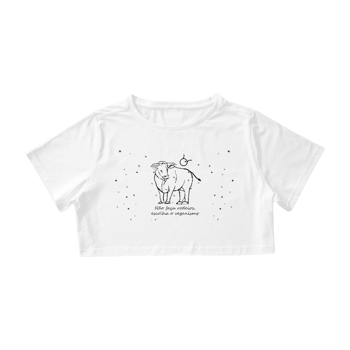 Nome do produto: Camiseta Cropped | Touro | Não faça rodeios, escolha o veganismo | P&B