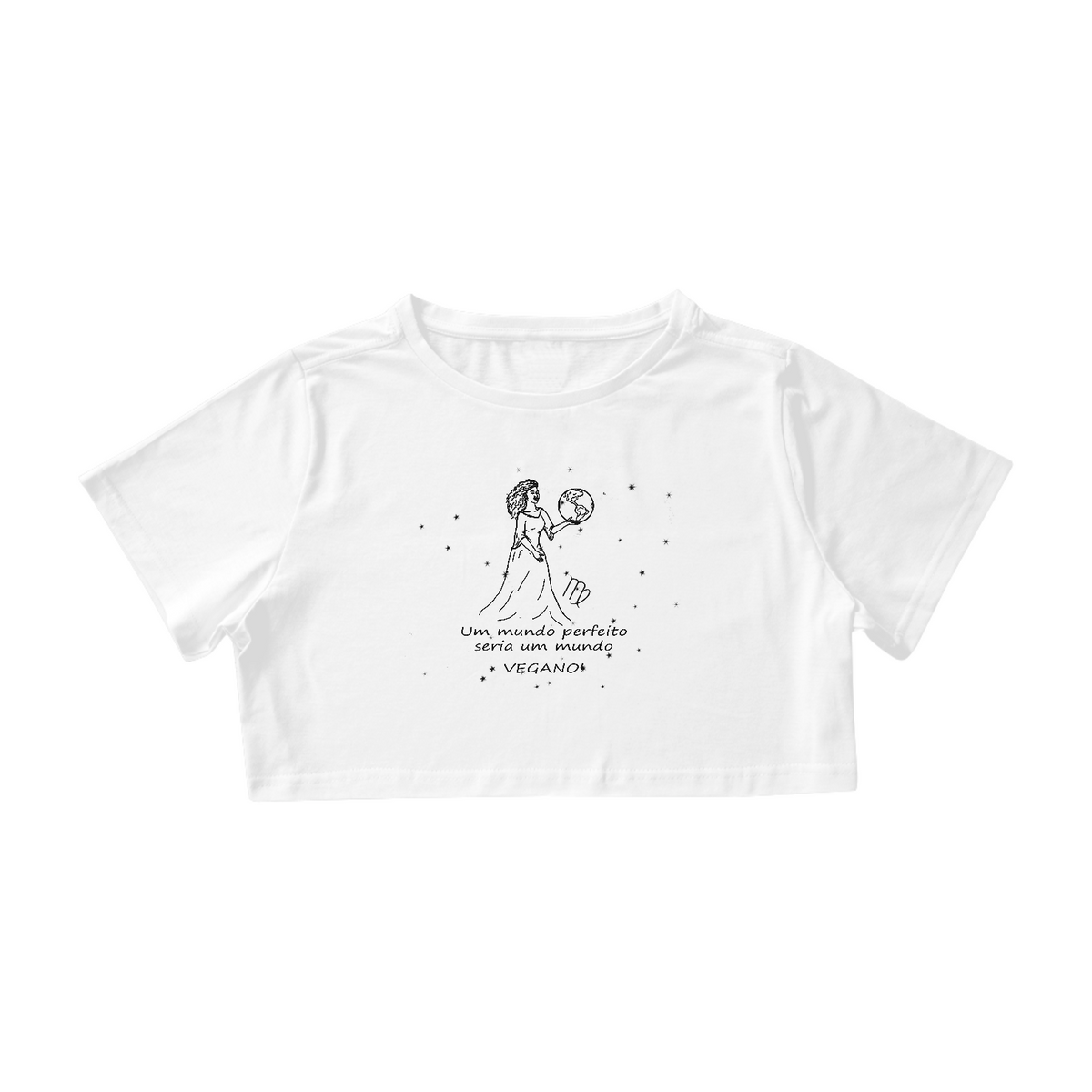 Nome do produto: Camiseta Cropped | Virgem | Um mundo perfeito seria um mundo VEGANO! | P&B