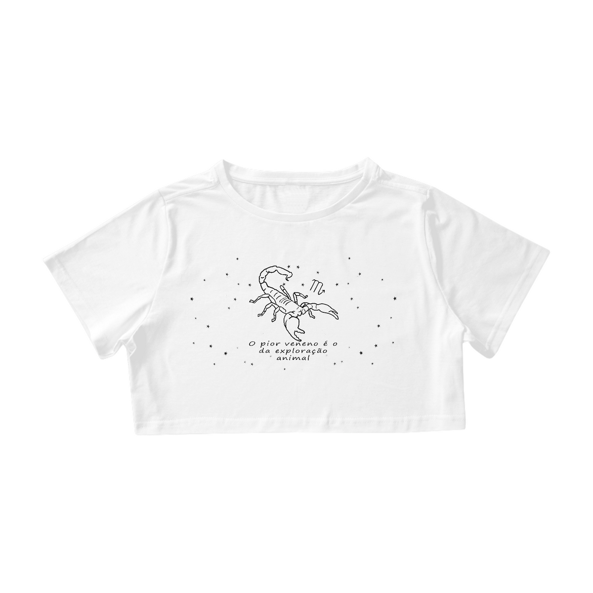 Nome do produto: Camiseta Cropped | Escorpião | O pior veneno é o da exploração animal | P&B
