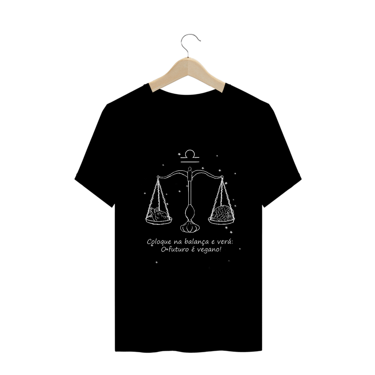 Nome do produto: Camiseta Unissex | Libra | Coloque na balança e verá: O futuro é vegano! | P&B