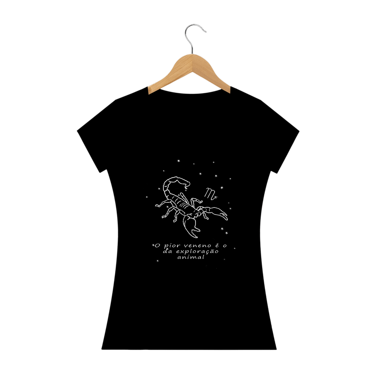 Nome do produto: Camiseta Baby Long | Escorpião | O pior veneno é o da exploração animal | P&B