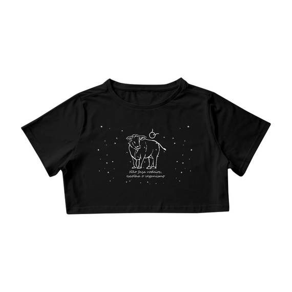 Camiseta Cropped | Touro | Não faça rodeios, escolha o veganismo | P&B