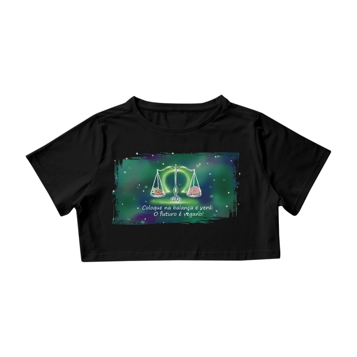 Nome do produto: Camiseta Cropped | Libra | Coloque na balança e verá: O futuro é vegano! | Color