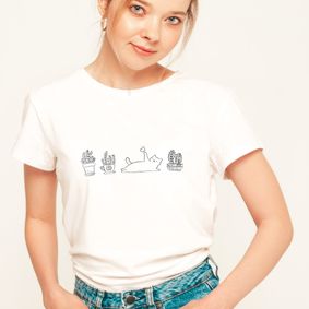 Camiseta Feminina Gatos e Plantas Branca