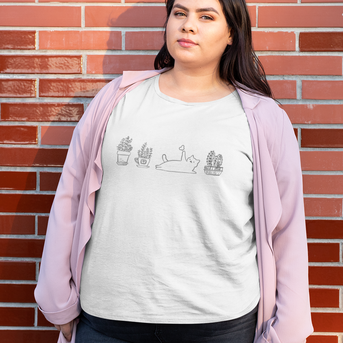 Nome do produtoCamiseta Plus Size Gatos e Plantas Branca