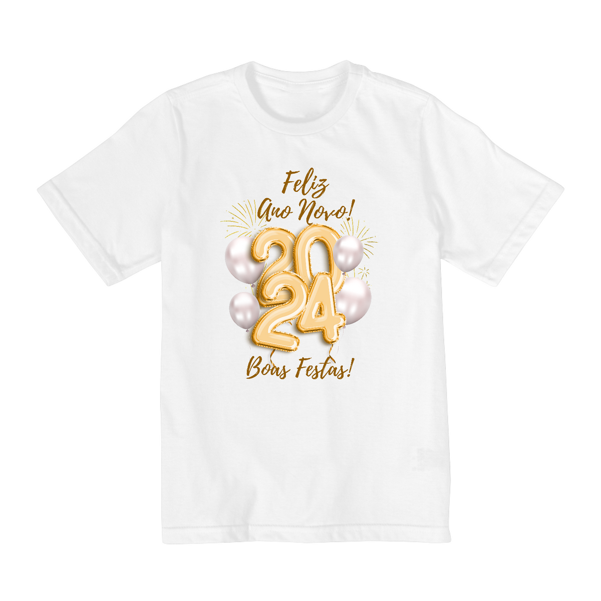 Nome do produto: Camiseta Infantil (10 a 14) Ano Novo 2024 Balão Festivo