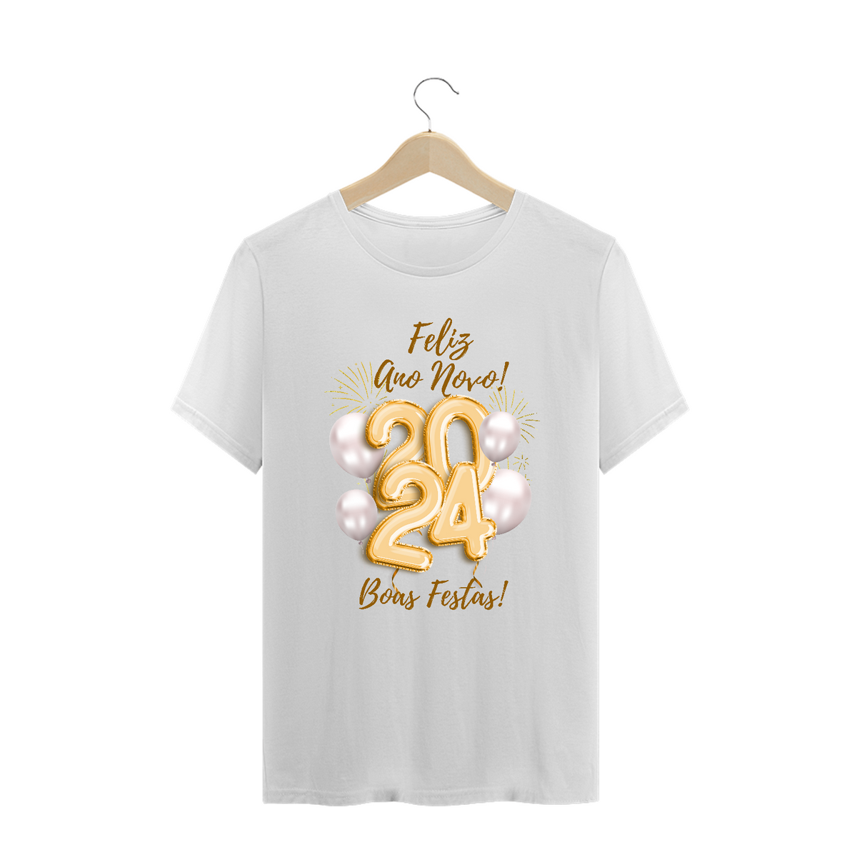 Nome do produto: Camiseta Plus Size Ano Novo 2024 Balão Festivo