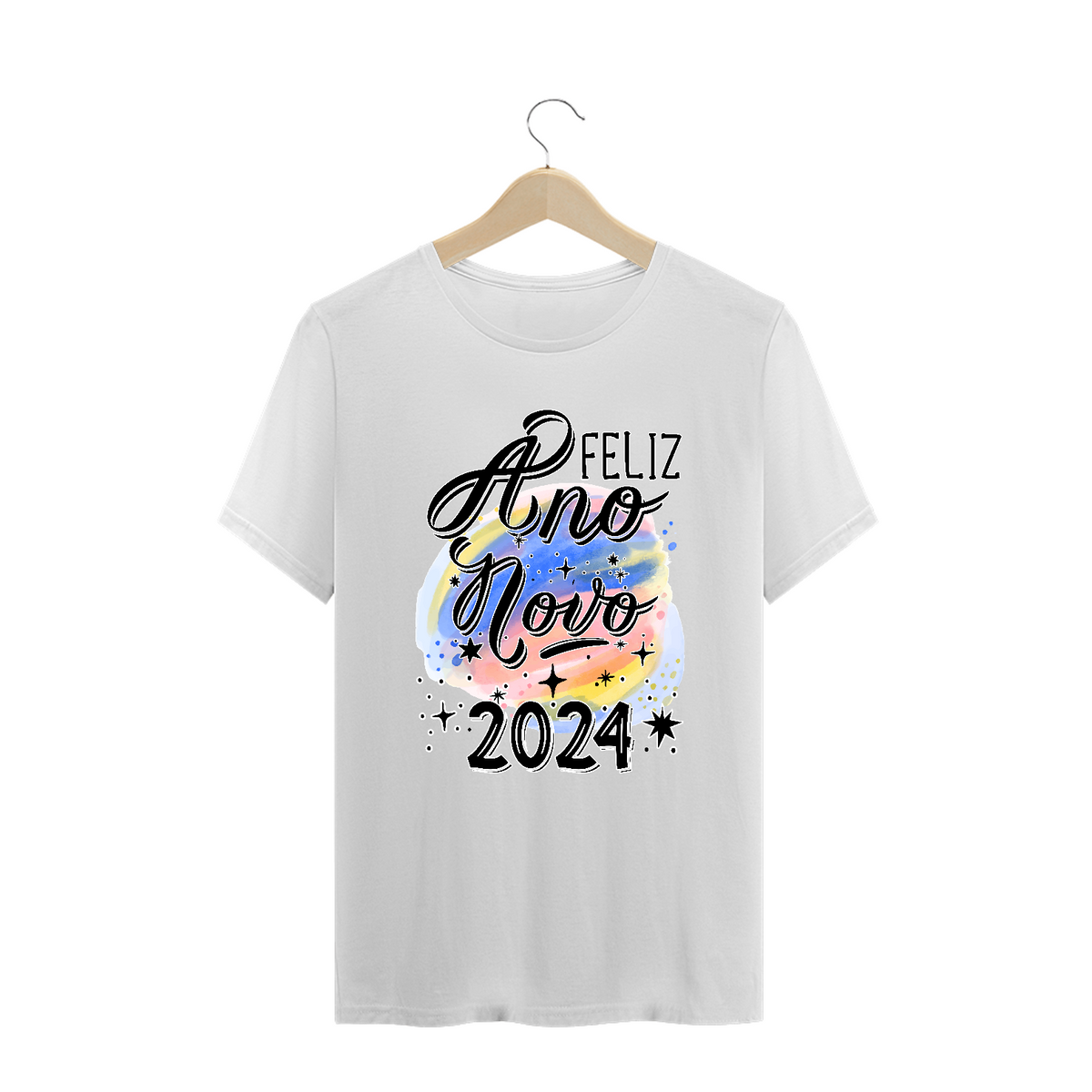 Nome do produto: Camiseta Plus Size Ano Novo Aquarela 2024