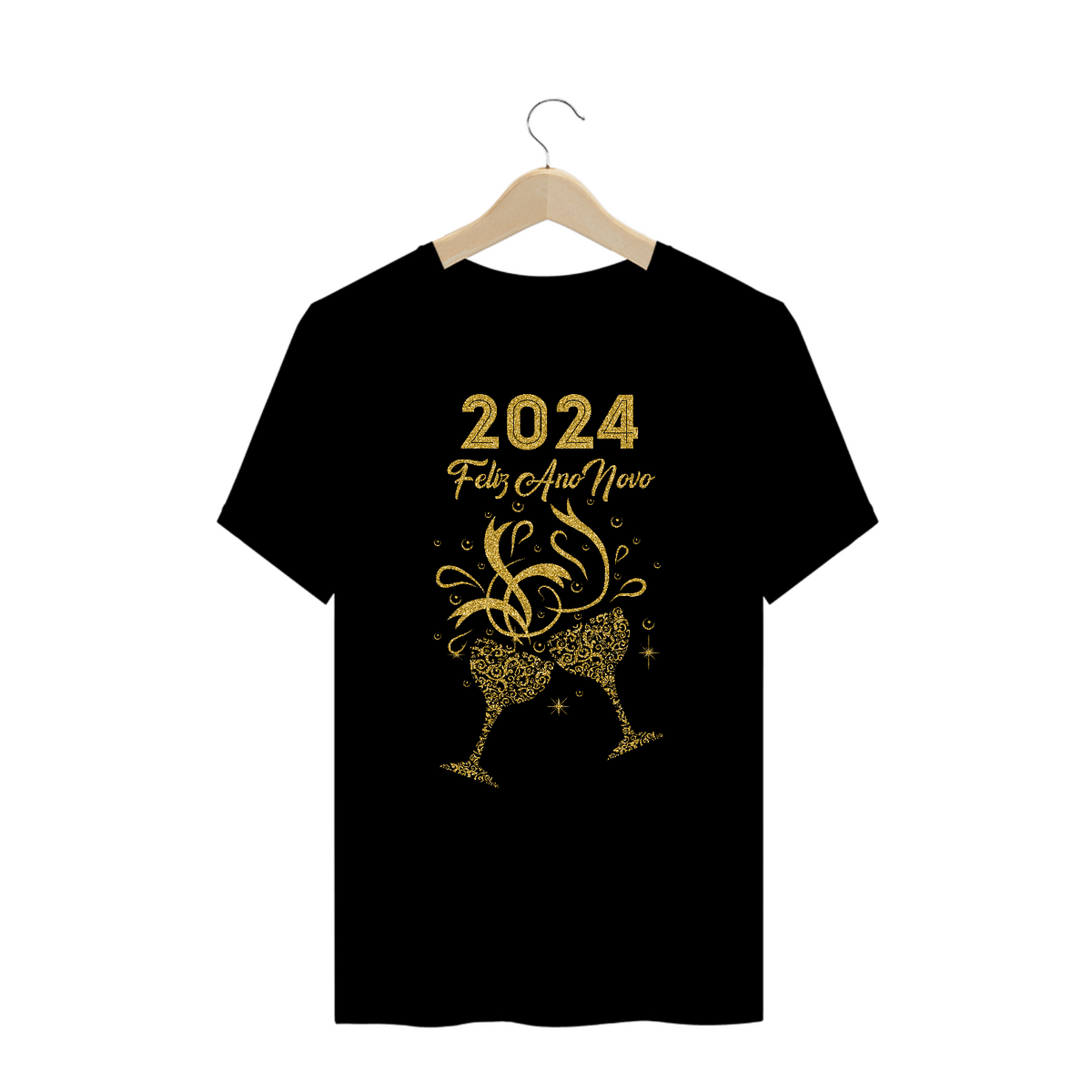 Nome do produto: Camiseta Plus Size Ano Novo 2024 Brinde Glitter