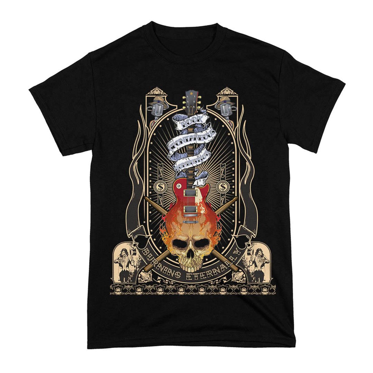 Nome do produto: Camiseta Rock Guitarra e Caveira Queimando