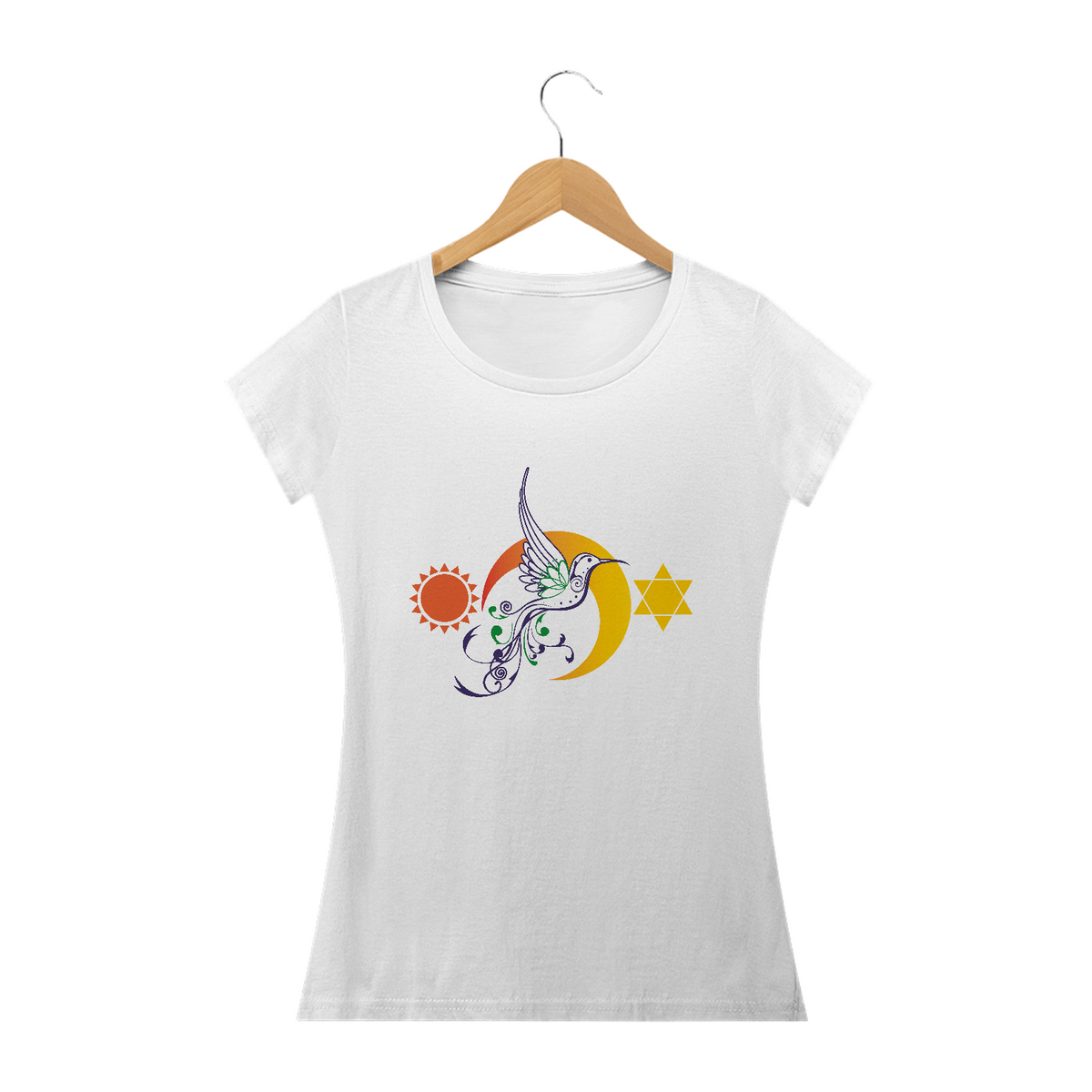 Nome do produto: Camiseta Feminina Sol, Lua e Estrela