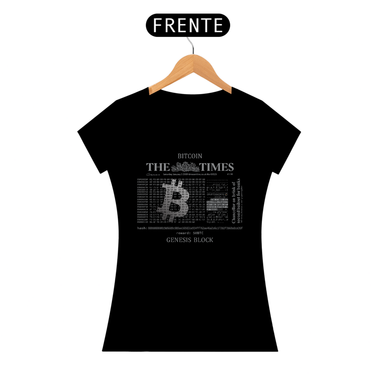 Nome do produto: Camiseta Fem Cryptoshirts 21 - Genesis Block