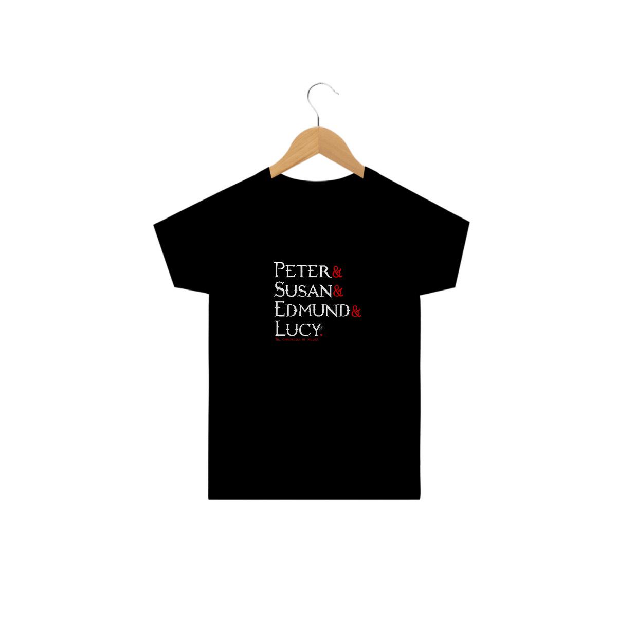Nome do produto: Camiseta Infantil Peter, Susan, Edmund and Lucy - cores escuras [As Crônicas de Nárnia]