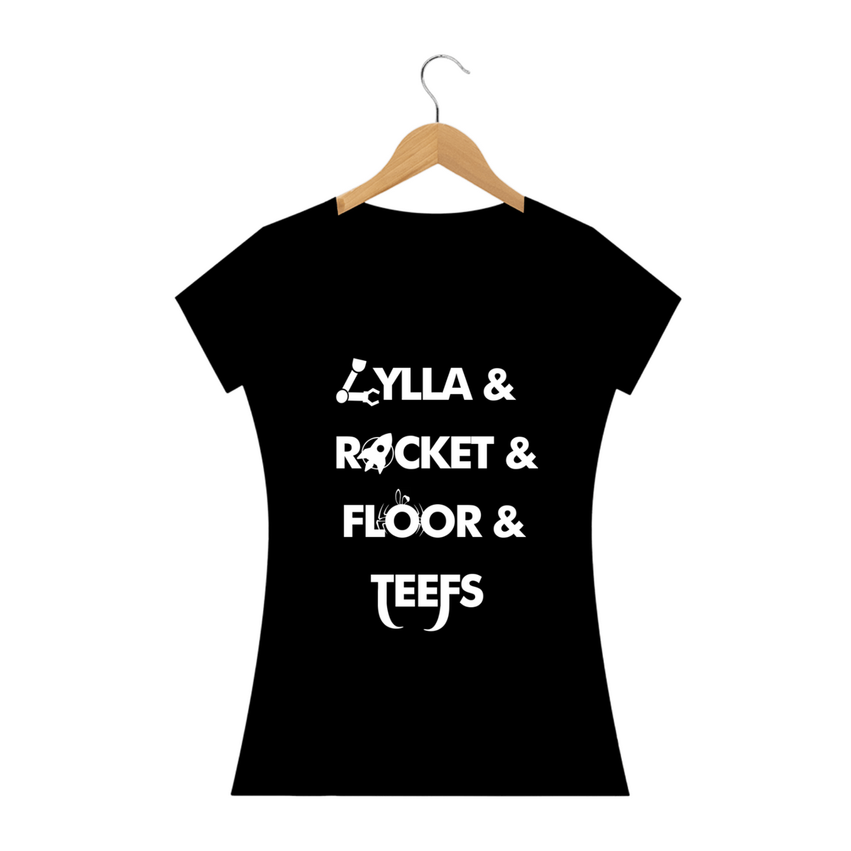 Nome do produto: Camiseta Feminina Lylla & Rocket & Floor & Teefs | Guardiões da Galáxia Vol.3