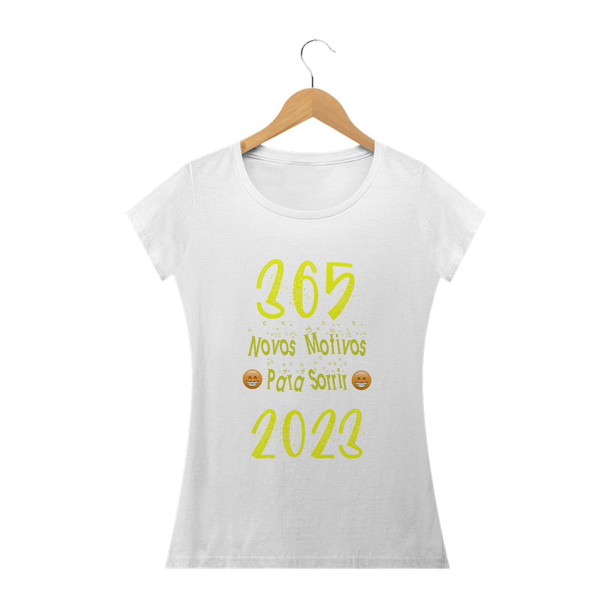 Nome do produto: Camiseta baby look Frase 365 novos motivos para sorrir 2023