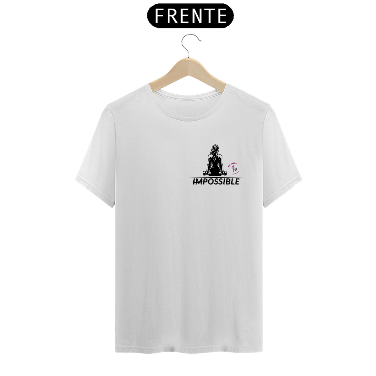 Nome do produto: T-shirt algodão feminina Impossible branca, rosa e cinza