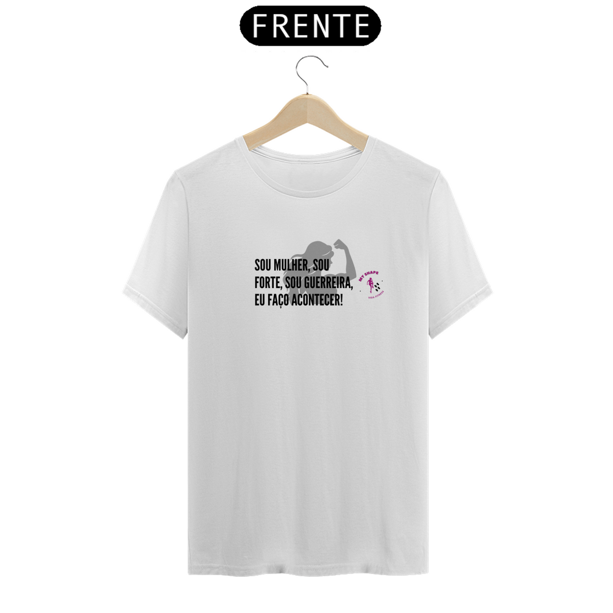 Nome do produto: T-shirt Algodão feminina Mulher Guerreira branca, rosa e cinza