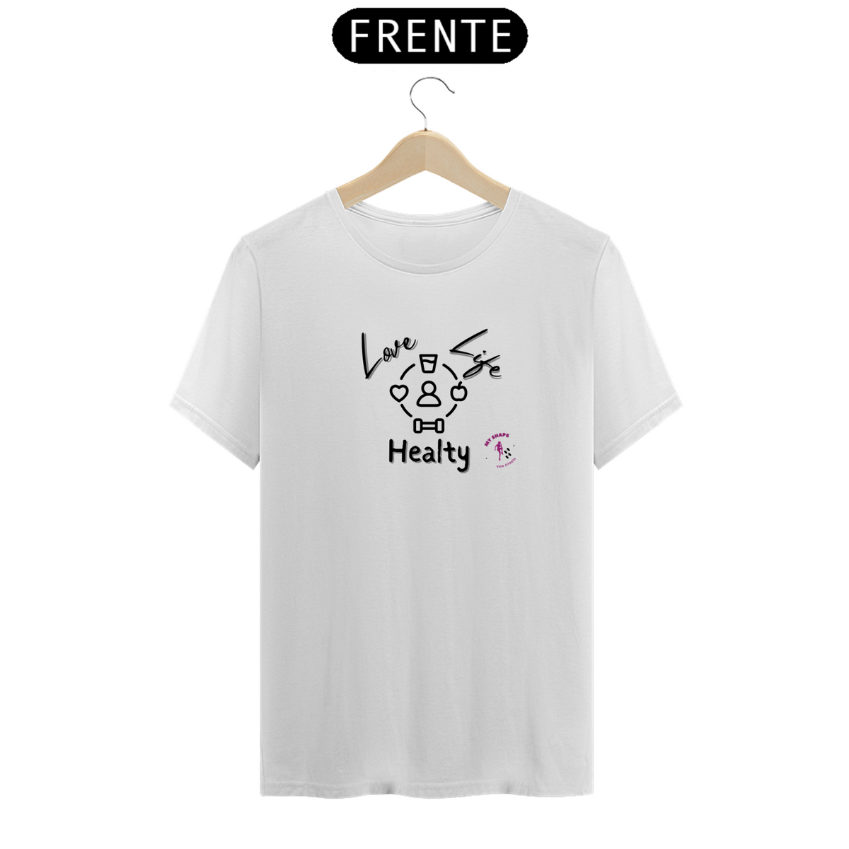 Nome do produto: T-shirt Algodão feminina Love Life Healthy branca, rosa e cinza