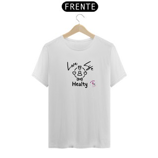 T-shirt Algodão feminina Love Life Healthy branca, rosa e cinza
