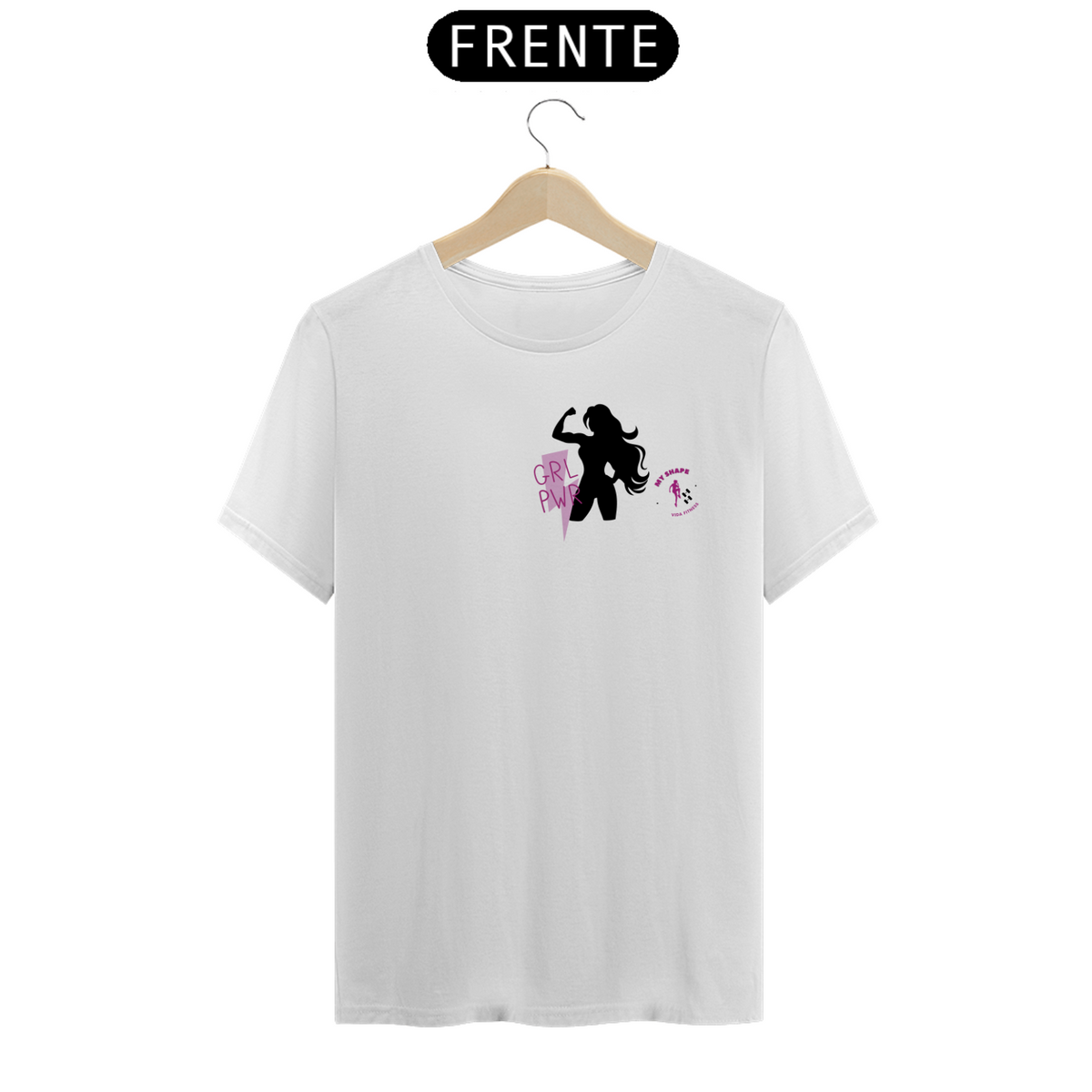 Nome do produto: T-shirt Algodão feminina GRL PWR branca, rosa e cinza 