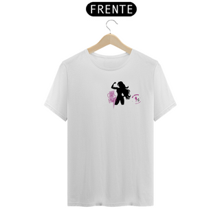 T-shirt Algodão feminina GRL PWR branca, rosa e cinza 