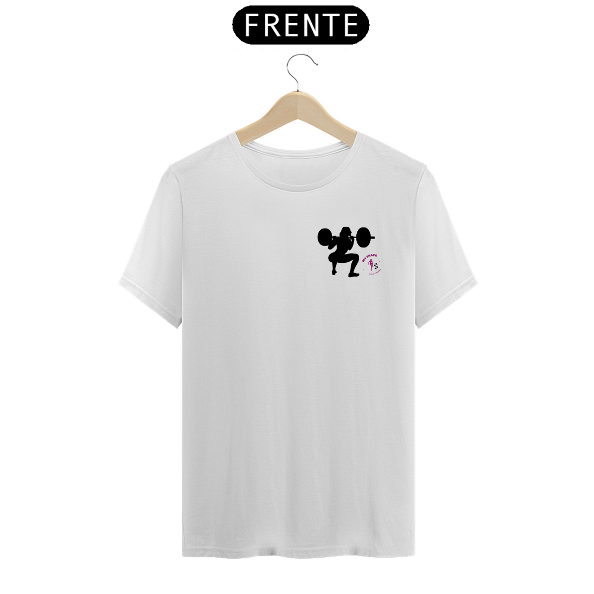 Nome do produto: T-shirt Algodão feminina Garota Agachando branca, rosa e cinza