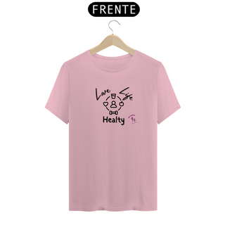 Nome do produtoT-shirt Algodão feminina Love Life Healthy branca, rosa e cinza