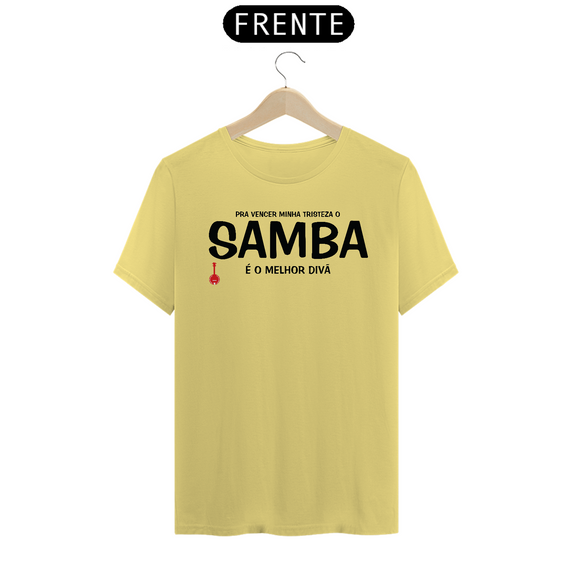 Camiseta Pra vencer Minha Tristeza o Samba é o Melhor Divã - Amarela Estonada