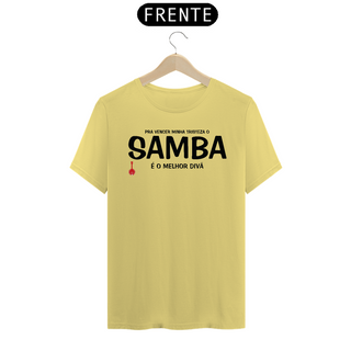 Camiseta Pra vencer Minha Tristeza o Samba é o Melhor Divã - Amarela Estonada