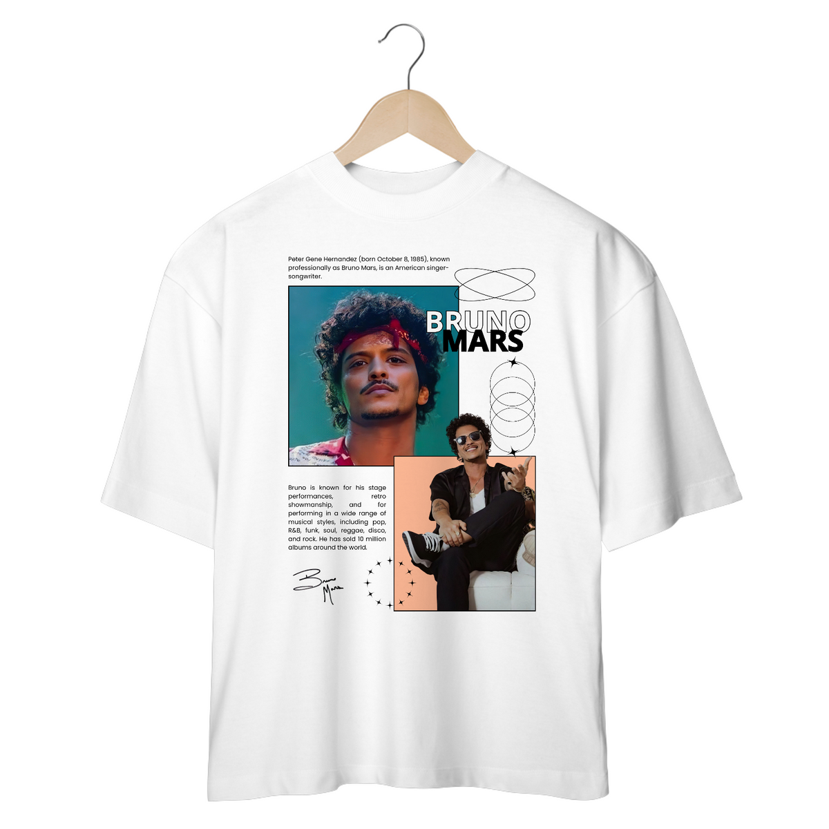 Nome do produto: Camiseta Oversized Bruno Mars Biografia