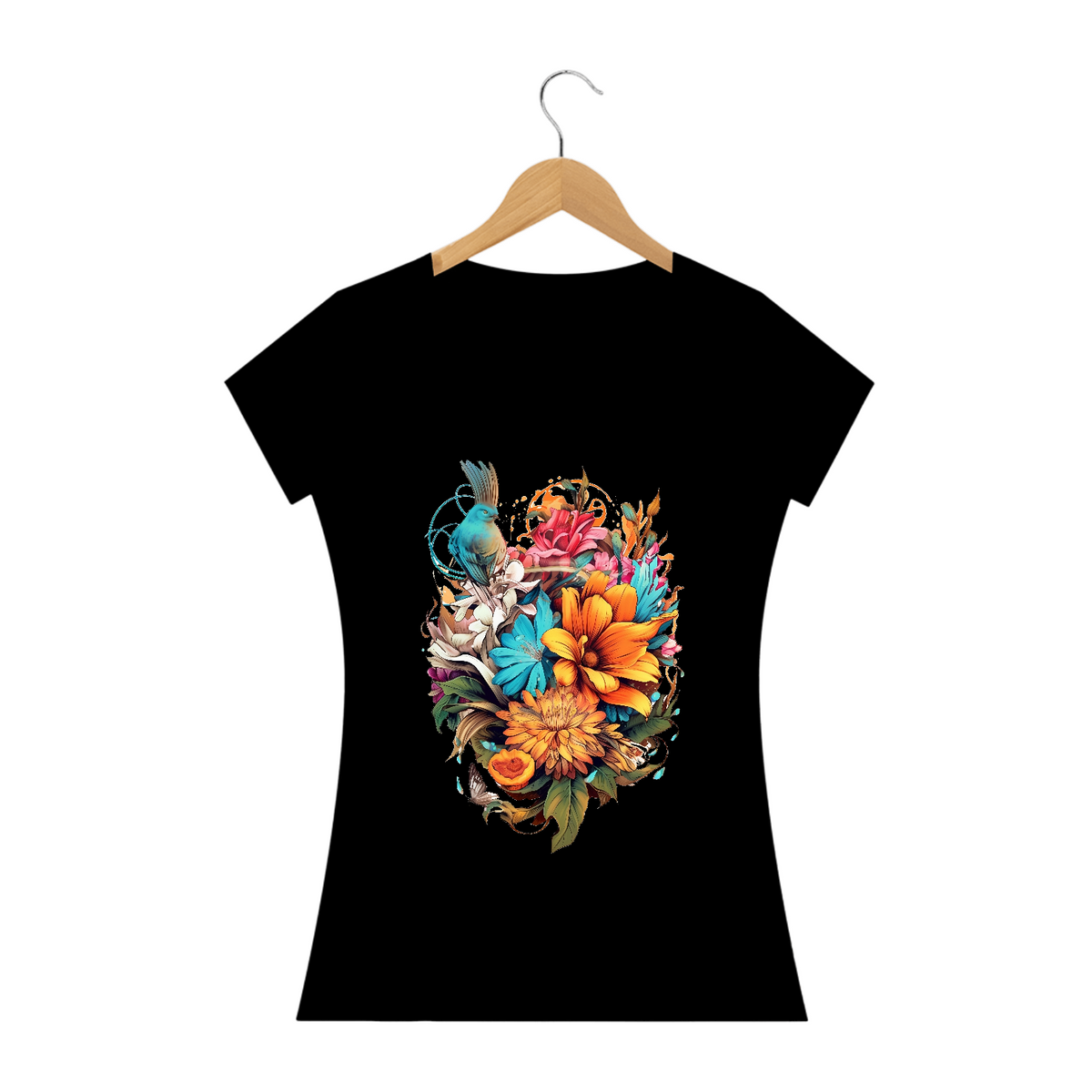Nome do produto: Camiseta Feminina Cativante com Padrões Florais Vibrantes