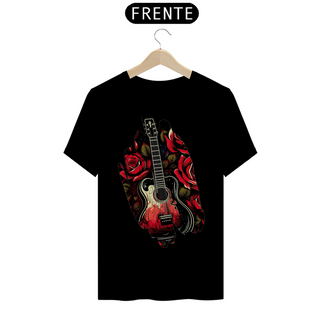 Camiseta Masculina Guitarra com Rosas Escuras: Uma Fusão de Estilos Artísticos
