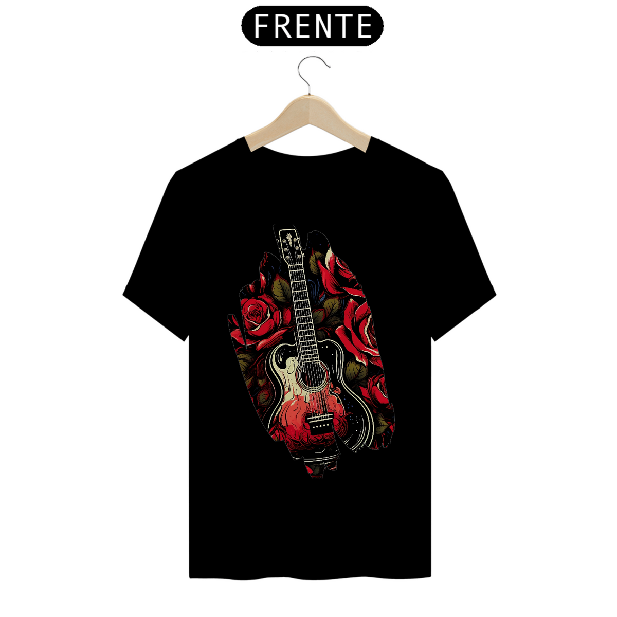 Nome do produto: Camiseta Masculina Guitarra com Rosas Escuras: Uma Fusão de Estilos Artísticos