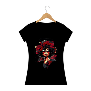 Camiseta Feminina Mulher Afro com Rosas Sombrias: Uma Fusão de Estilos Artísticos