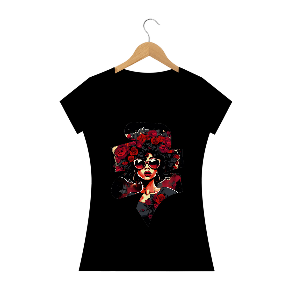 Nome do produto: Camiseta Feminina Mulher Afro com Rosas Sombrias: Uma Fusão de Estilos Artísticos
