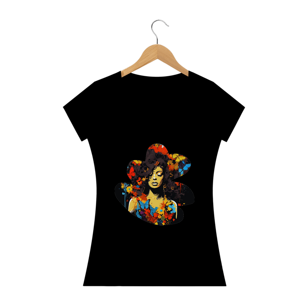 Nome do produto: Camiseta Feminina Mulher Afro com Borboletas: Uma Mistura de Estilos Artísticos