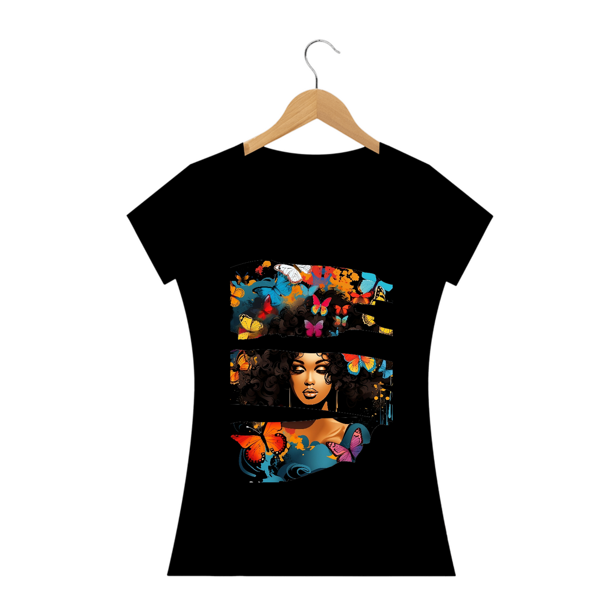Nome do produto: Camiseta Feminina Mulher Afro com Borboletas: Uma Fusão de Estilos Artísticos