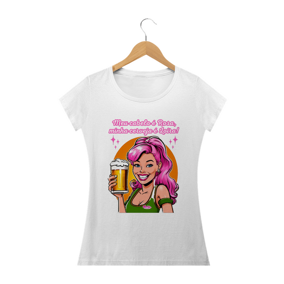 Camiseta Barbie Cervejeira - Cabelo Rosa, Cerveja Loira