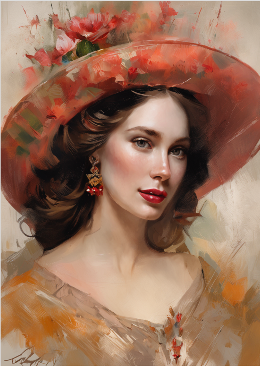 Nome do produto: Pôster pintura realista mulher com chapéu de flores