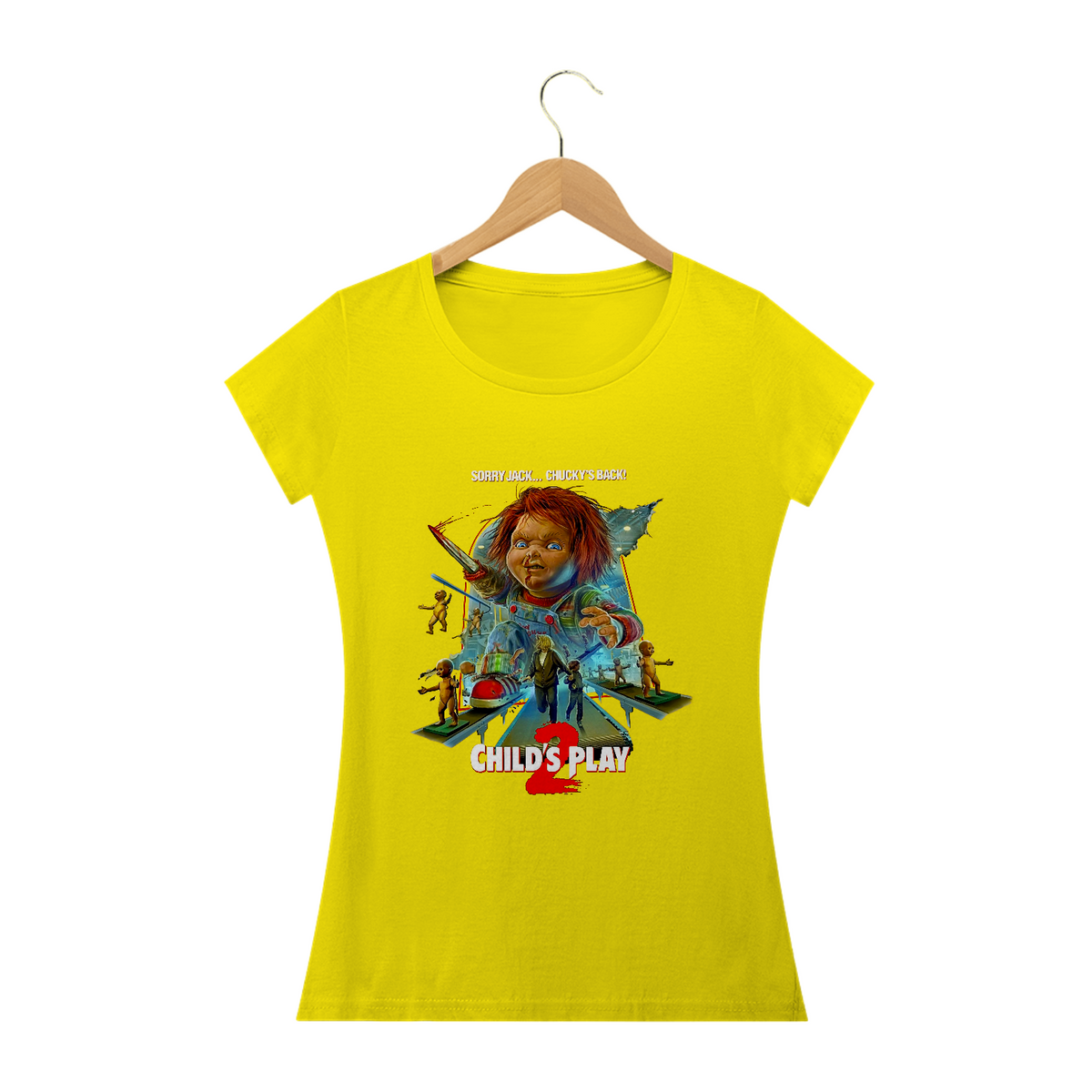 Nome do produto: Camiseta Feminina Brinquedo Assassino 2 Estampa Chucky Filme Terror