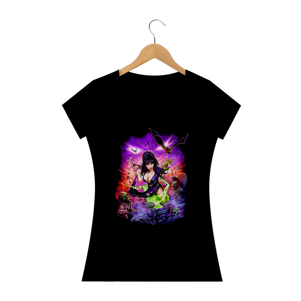 Nome do produto: Camiseta Feminina Elvira A Rainha das Trevas Estampa Filme Terror