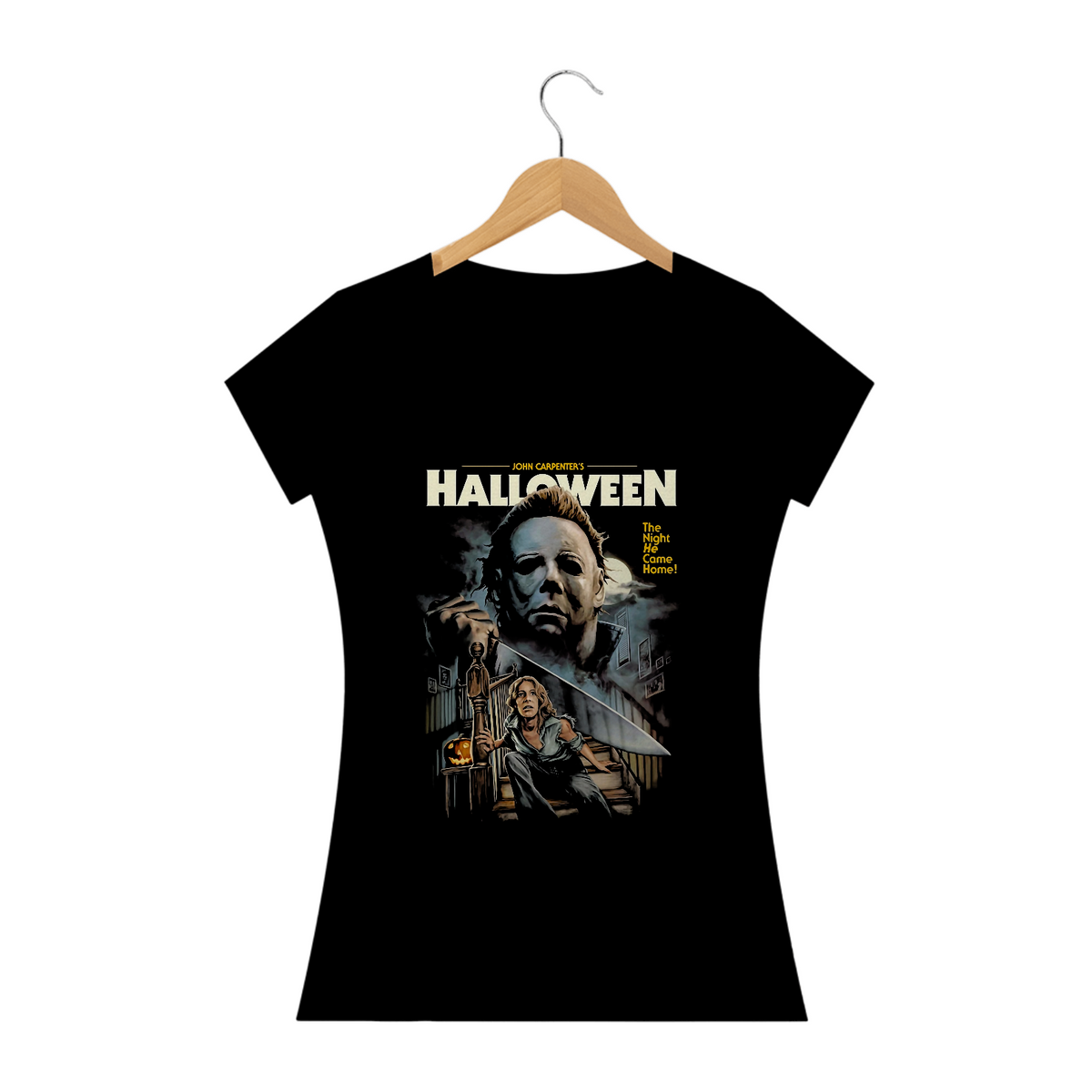 Nome do produto: Camiseta Feminina Halloween - A Noite Ele Volta para Casa Estampa Filme Terror